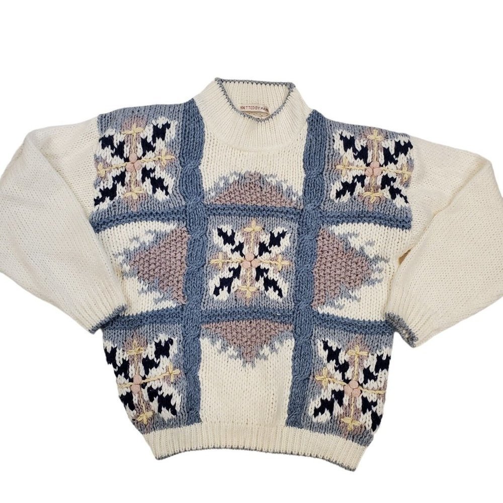 Vintage Womens Handknit 3D Mockneck Sweater Off-white Ramie Size M/L